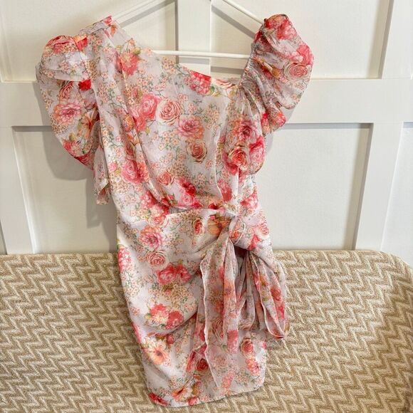 PrettyLittleThing One Shoulder Draped Chiffon Bodycon Dress Pink Floral Sz 6NWT - Picture 4 of 12